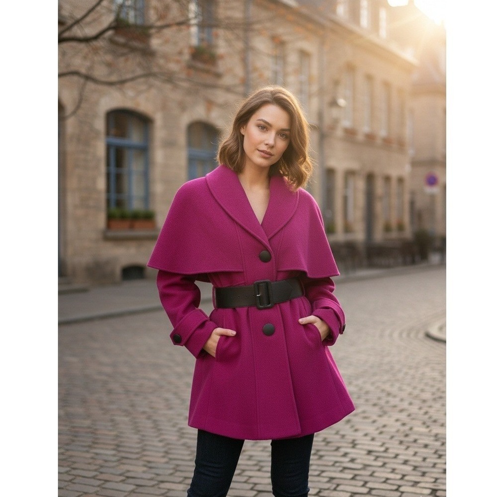 Vintage Lorovi Caped Coat Women's Wool Pink Belted Button Front Dressy Size 6
